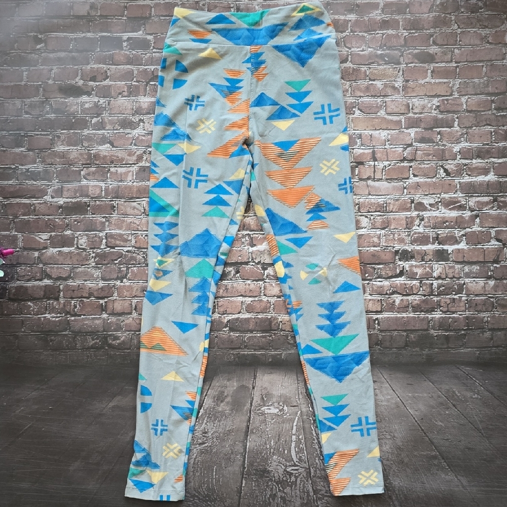 LuLaRoe Girls' Grey Aztec Print Leggings with Blue & Orange Accents - Tween